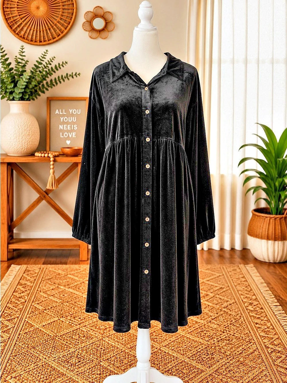 Black Button-Front stretch velvet Midi Dress Like New